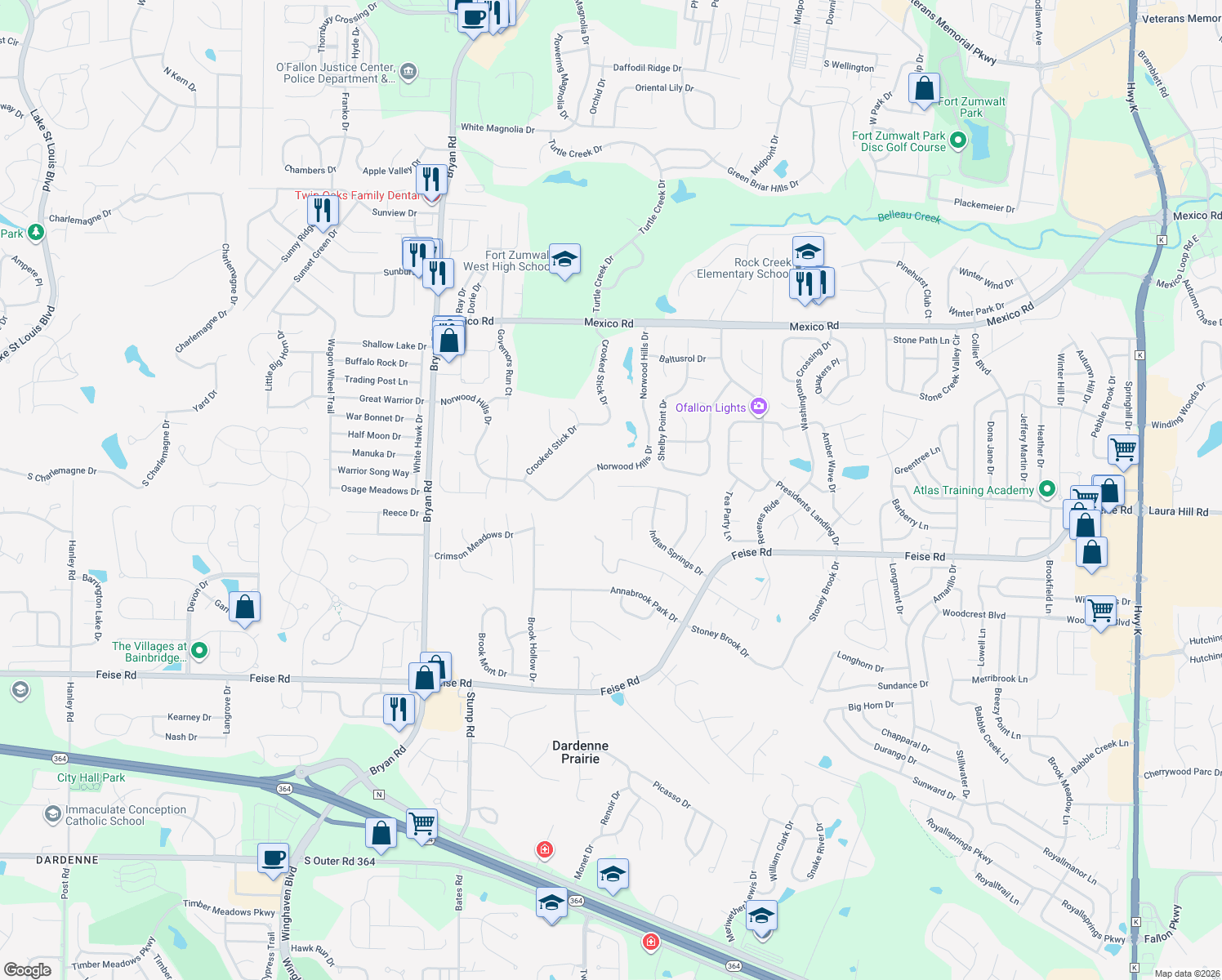 map of restaurants, bars, coffee shops, grocery stores, and more near 1400 Soaring Eagle Drive in O'Fallon