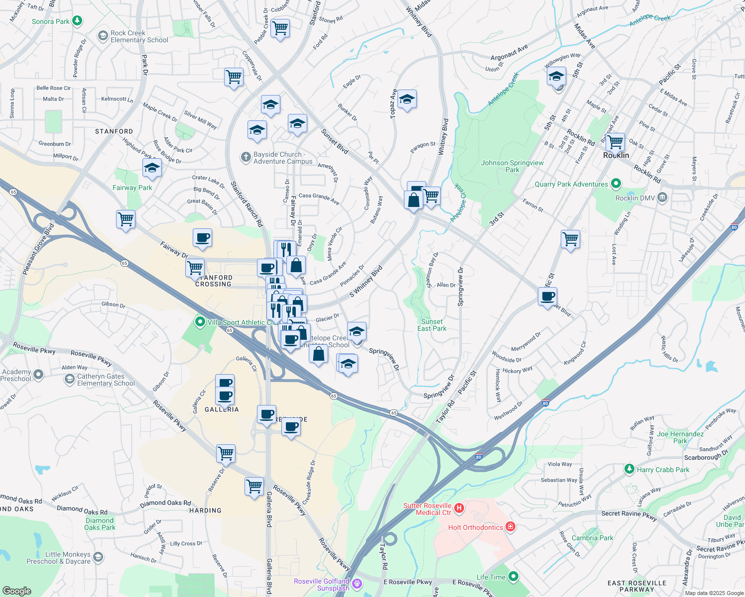 map of restaurants, bars, coffee shops, grocery stores, and more near 2560 Casa Del Oro Way in Rocklin