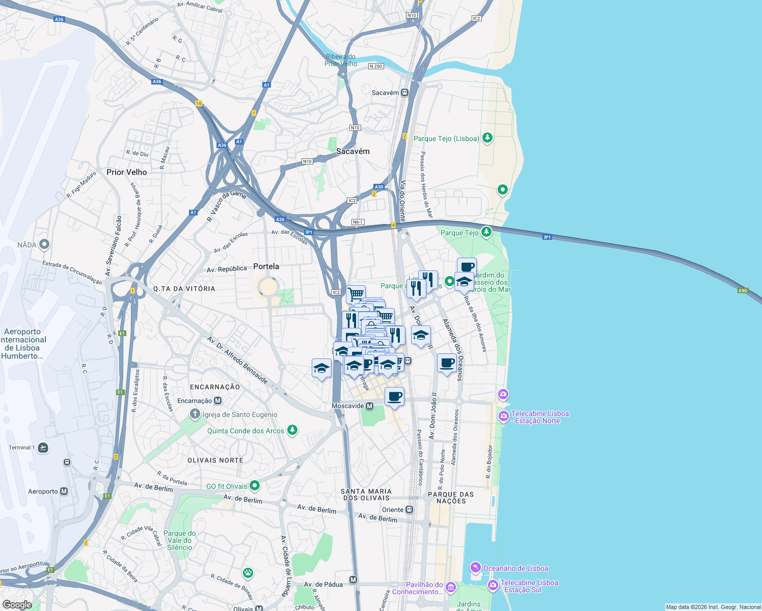 map of restaurants, bars, coffee shops, grocery stores, and more near Rua Adão Manuel Ramos Barata in Moscavide