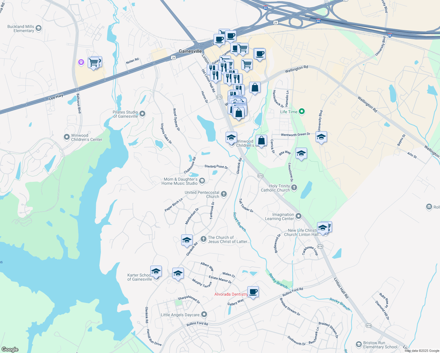 map of restaurants, bars, coffee shops, grocery stores, and more near 8142 Tenbrook Drive in Gainesville