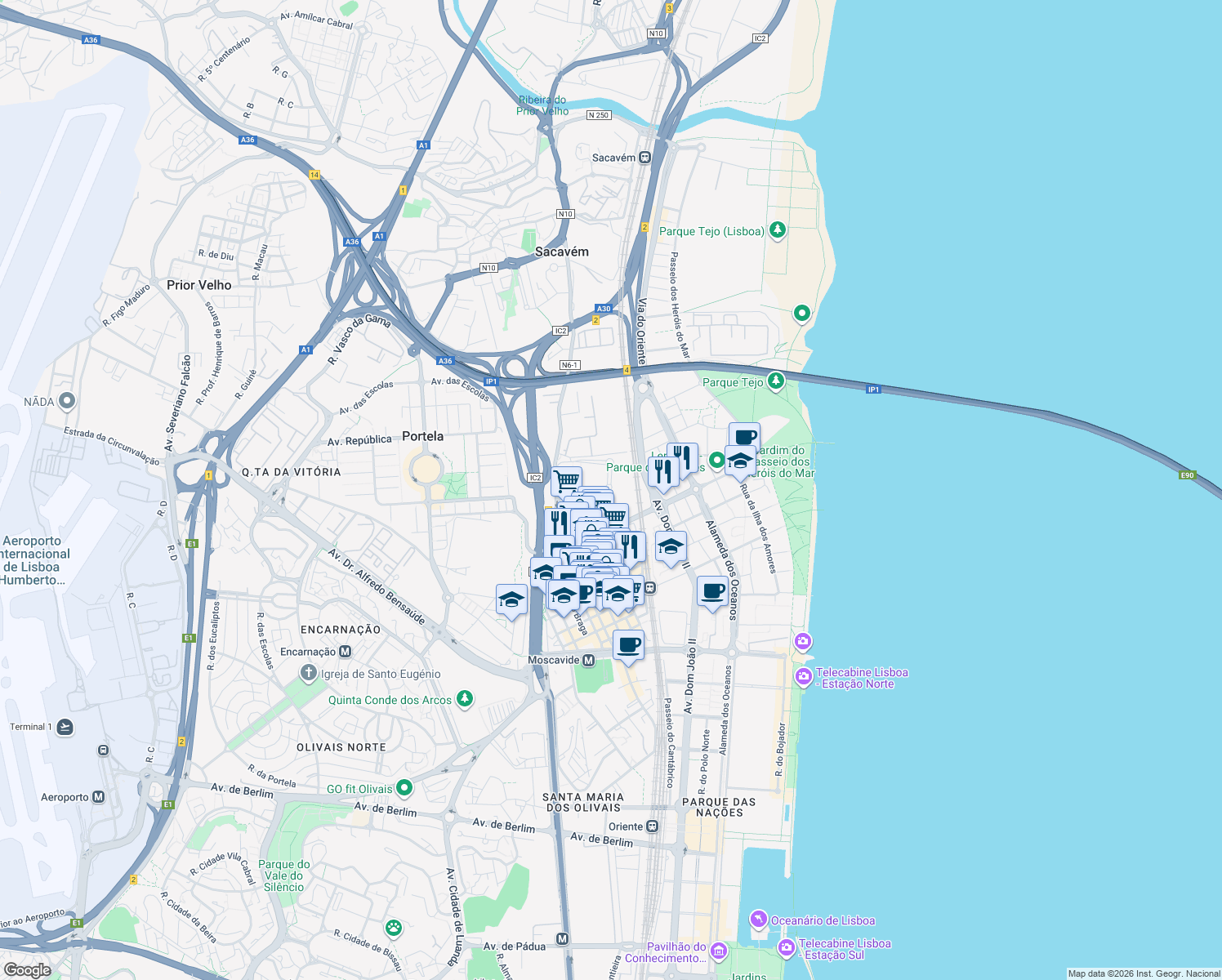 map of restaurants, bars, coffee shops, grocery stores, and more near Rua Adão Manuel Ramos Barata in Moscavide