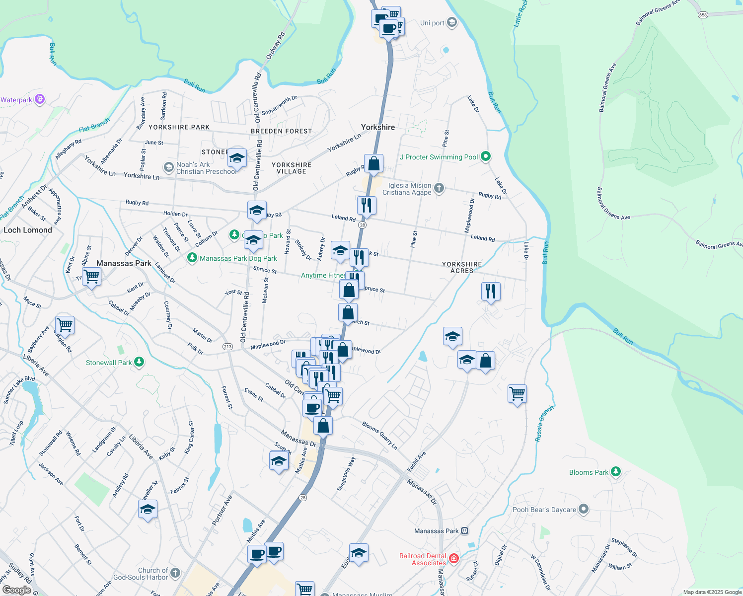 map of restaurants, bars, coffee shops, grocery stores, and more near 8215 Spruce Street in Manassas