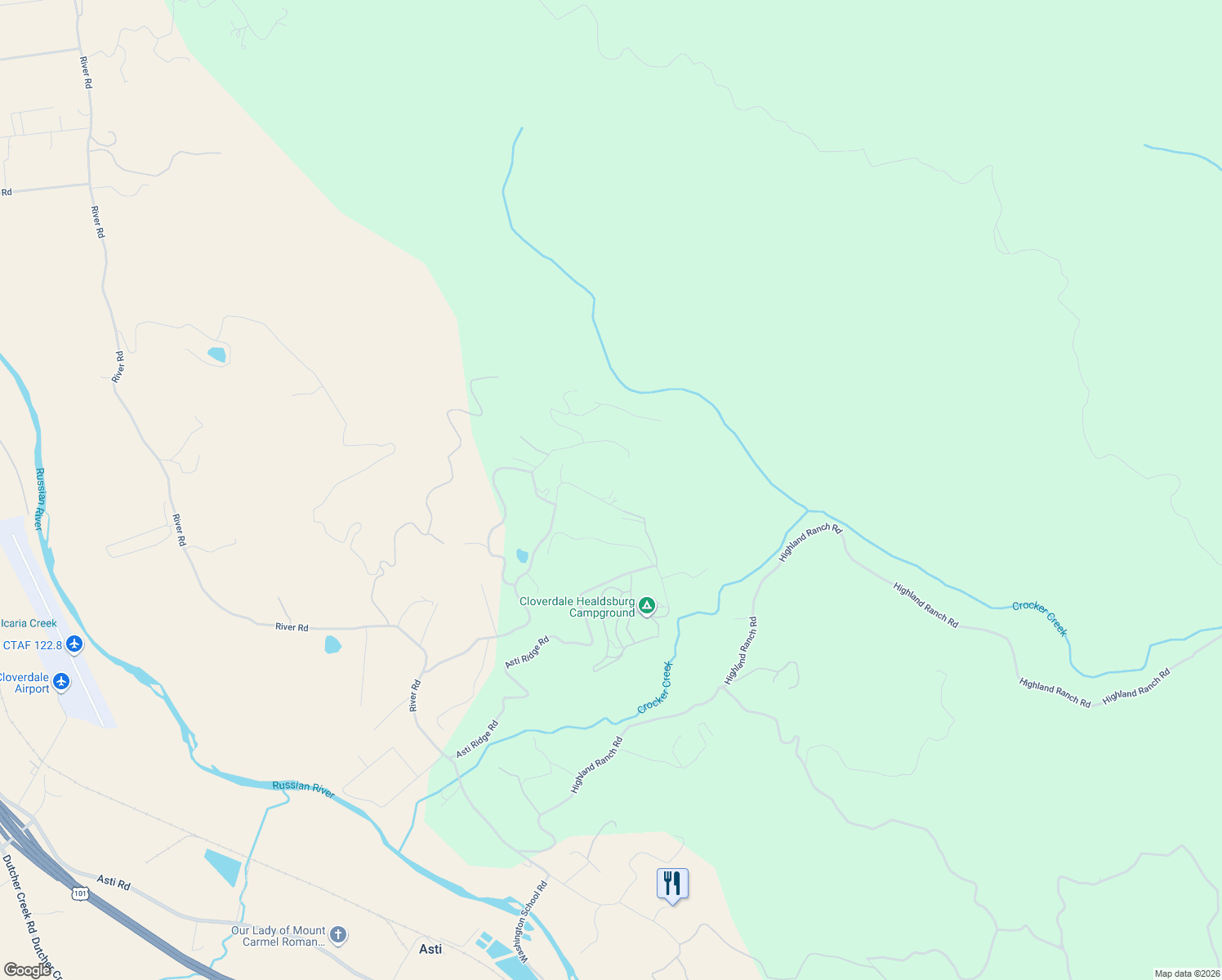 map of restaurants, bars, coffee shops, grocery stores, and more near 1131 Palomino Road in Cloverdale