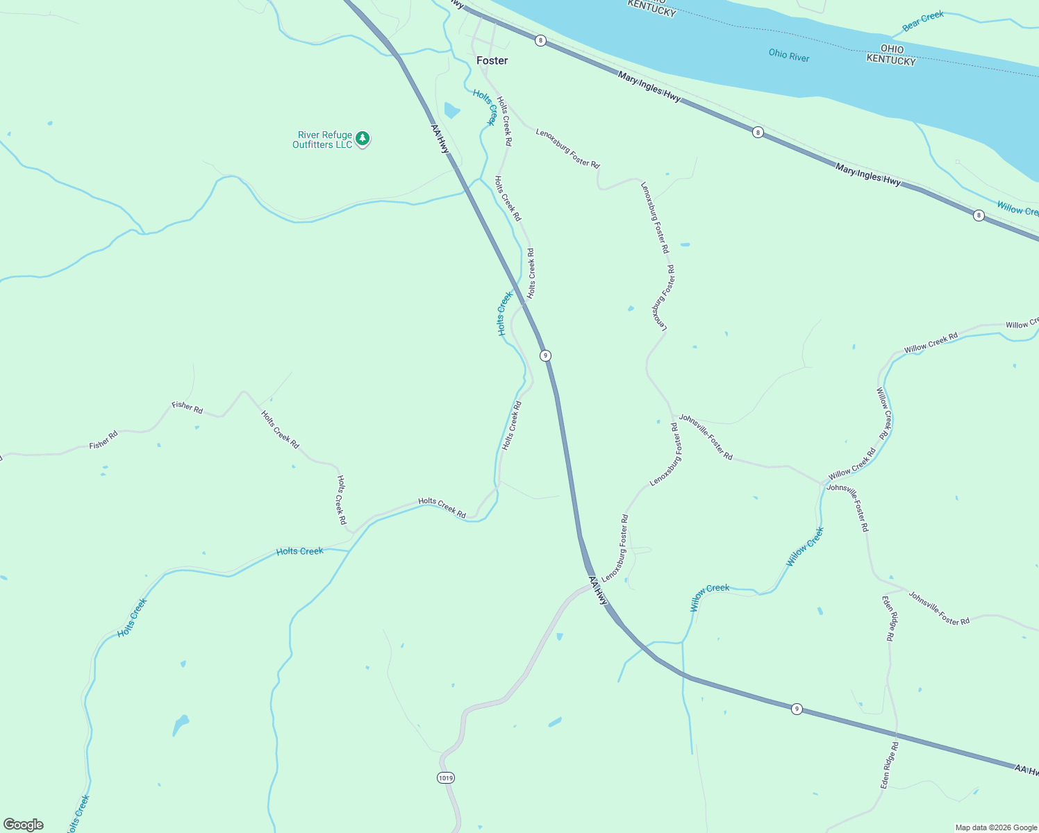 map of restaurants, bars, coffee shops, grocery stores, and more near Holts Creek Road in Foster