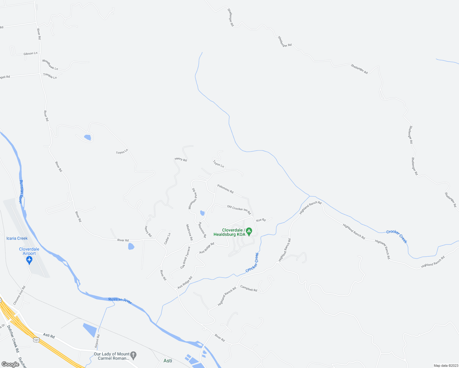 map of restaurants, bars, coffee shops, grocery stores, and more near 1131 Palomino Road in Cloverdale