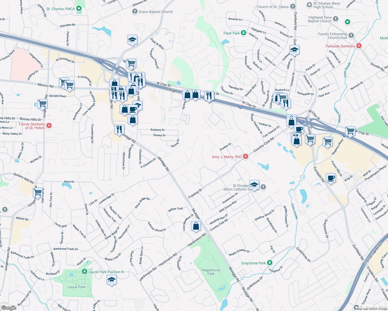 map of restaurants, bars, coffee shops, grocery stores, and more near 664 Timberidge Drive in Saint Charles
