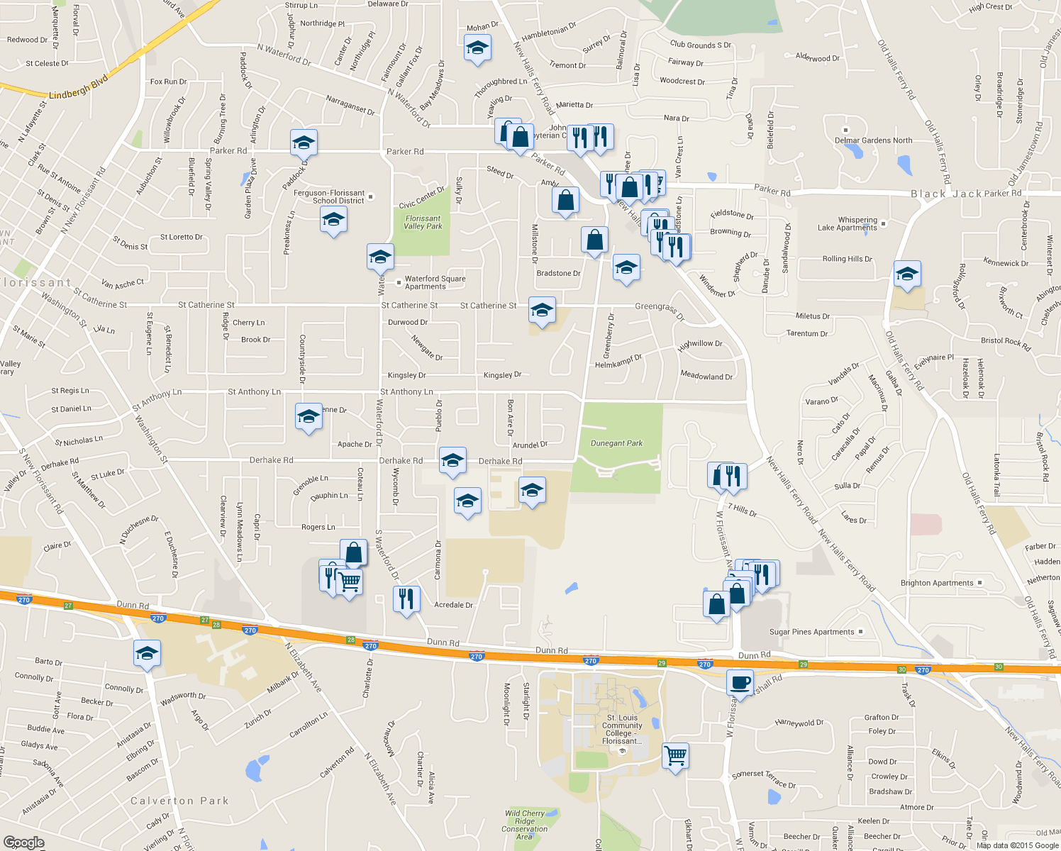 map of restaurants, bars, coffee shops, grocery stores, and more near 140 Birchlawn Drive in Florissant