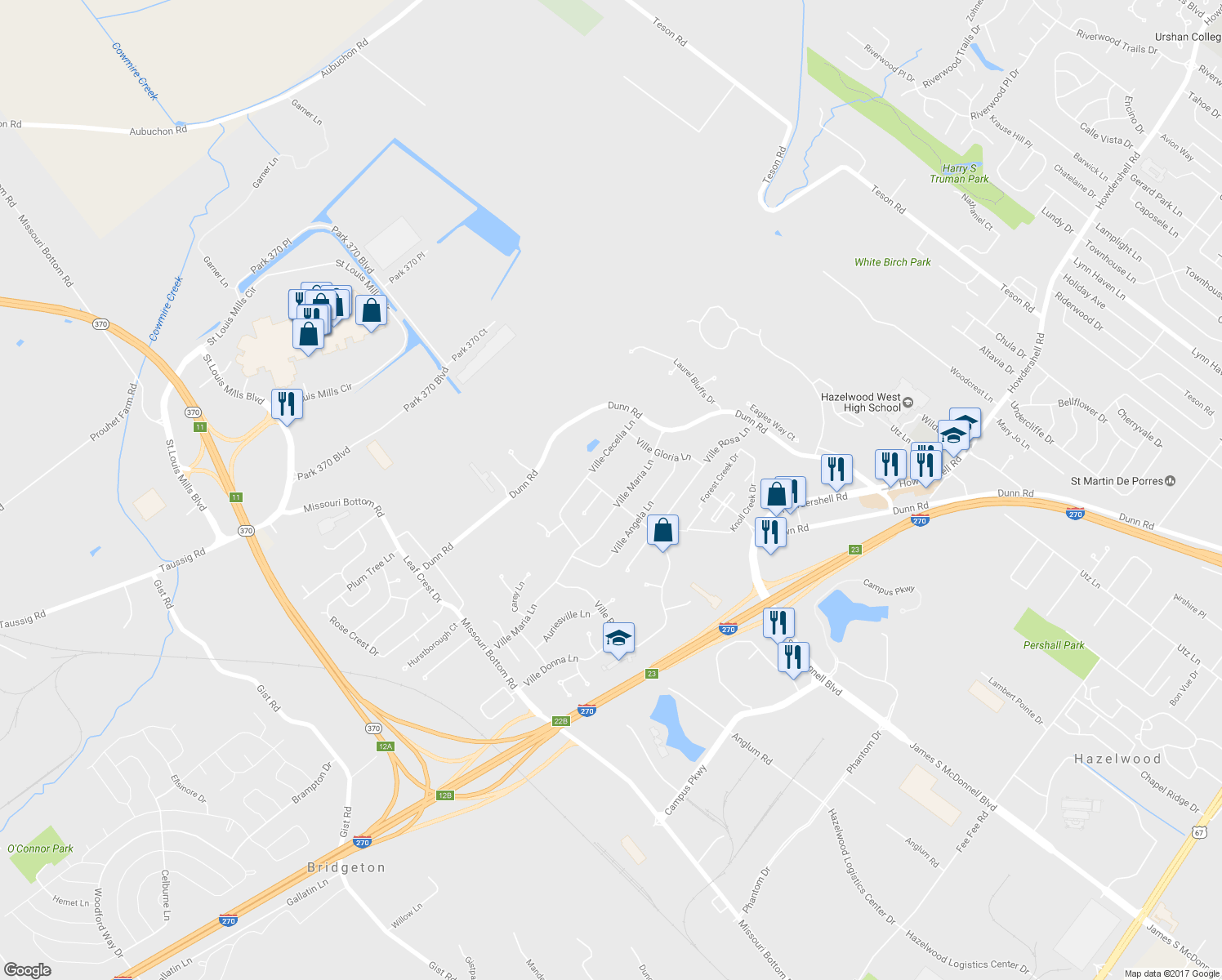 map of restaurants, bars, coffee shops, grocery stores, and more near 1607 Ville Maura Lane in Hazelwood