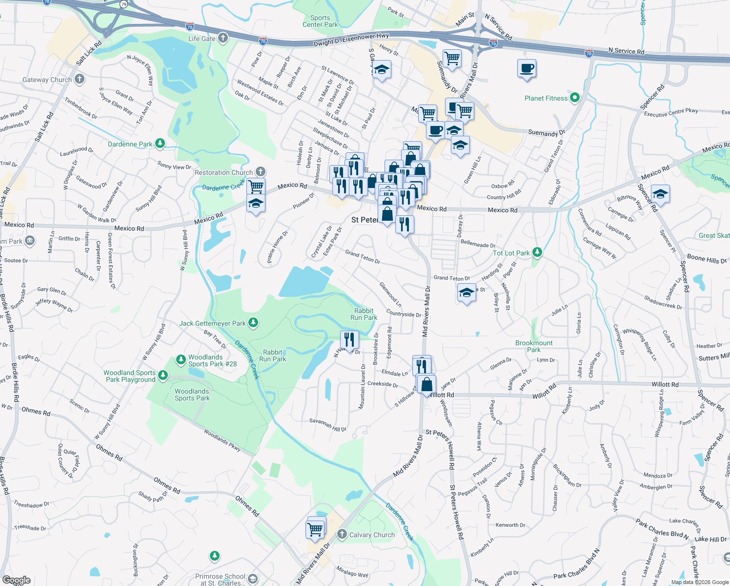 map of restaurants, bars, coffee shops, grocery stores, and more near 1 Mayfield Road in Saint Peters
