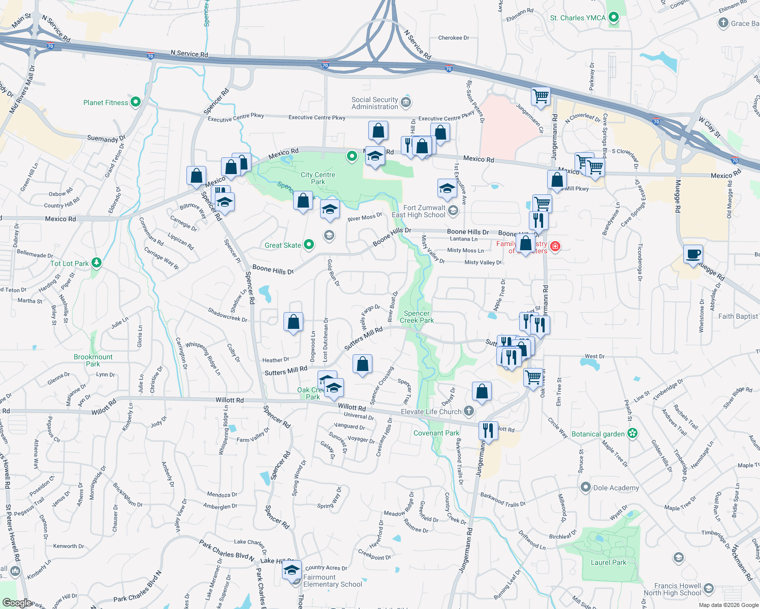 map of restaurants, bars, coffee shops, grocery stores, and more near 26 Wells Fargo Drive in St. Peters