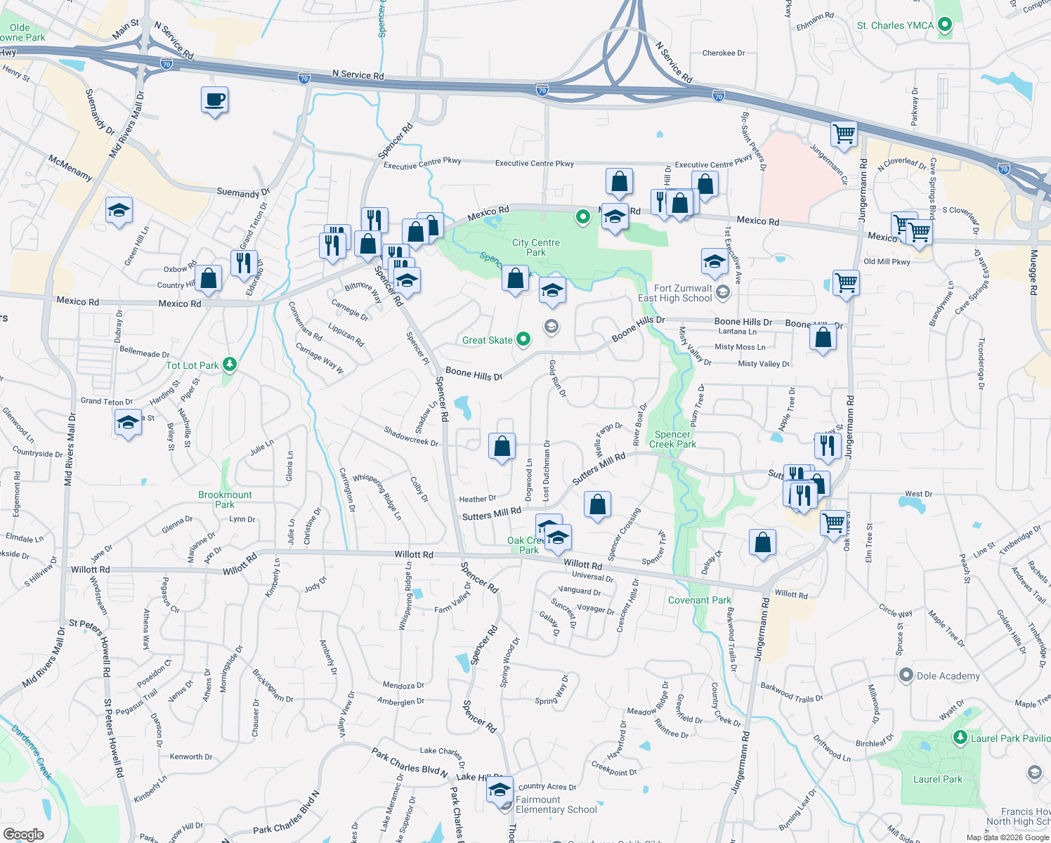 map of restaurants, bars, coffee shops, grocery stores, and more near 37 Dogwood Lane in Saint Peters