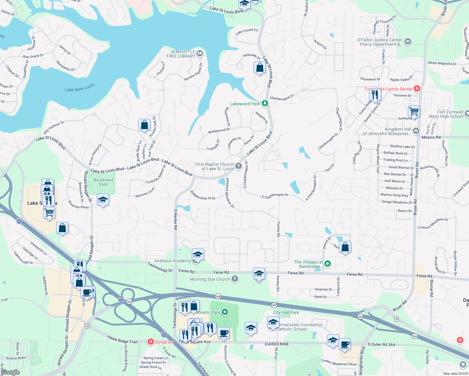 map of restaurants, bars, coffee shops, grocery stores, and more near 1320 Kennington Drive in Lake Saint Louis