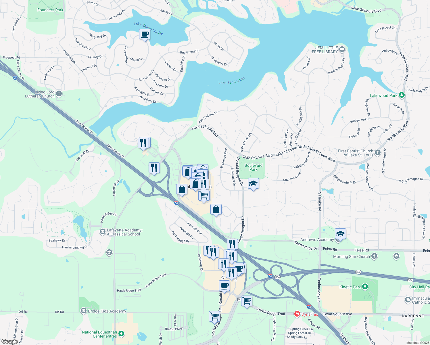 map of restaurants, bars, coffee shops, grocery stores, and more near 3 Muirkirk Court in Lake Saint Louis