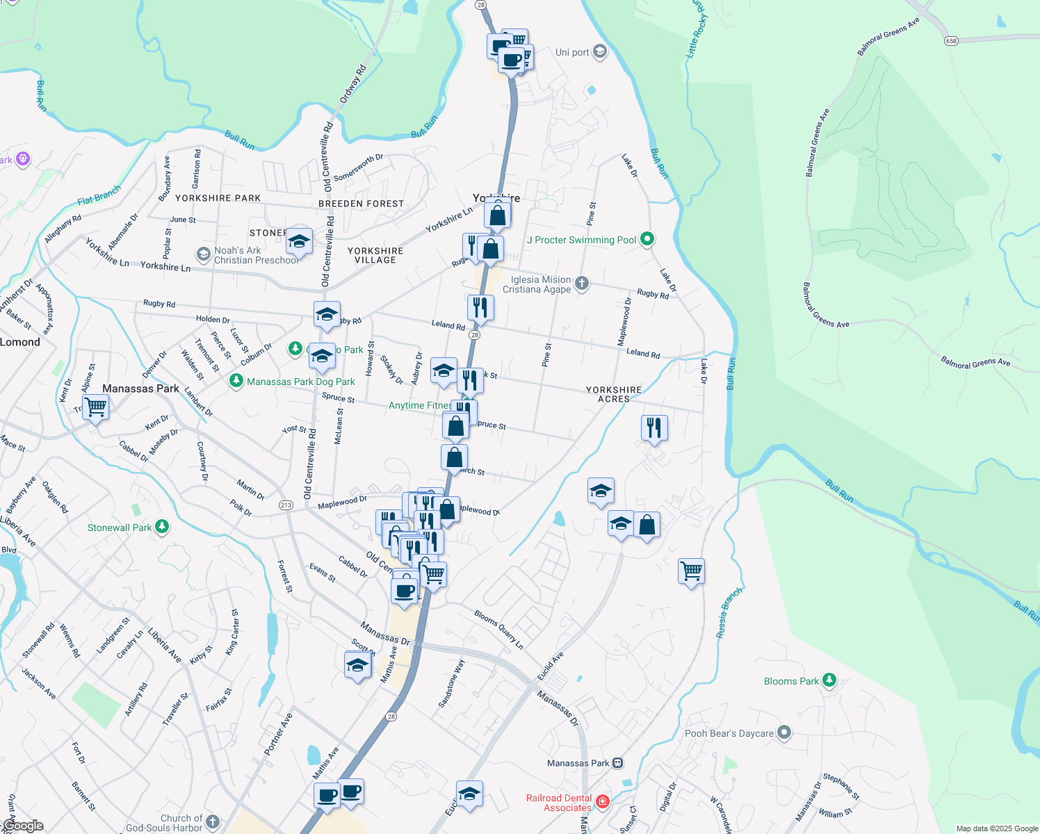 map of restaurants, bars, coffee shops, grocery stores, and more near 8204 Spruce Street in Manassas