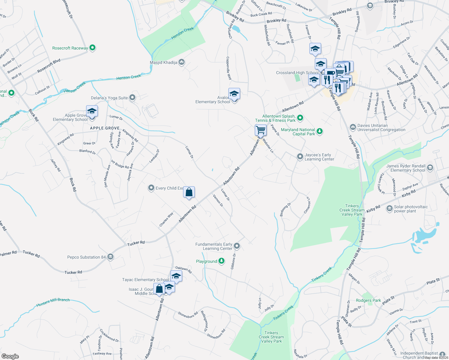 map of restaurants, bars, coffee shops, grocery stores, and more near 7801 Allentown Rd in Fort Washington