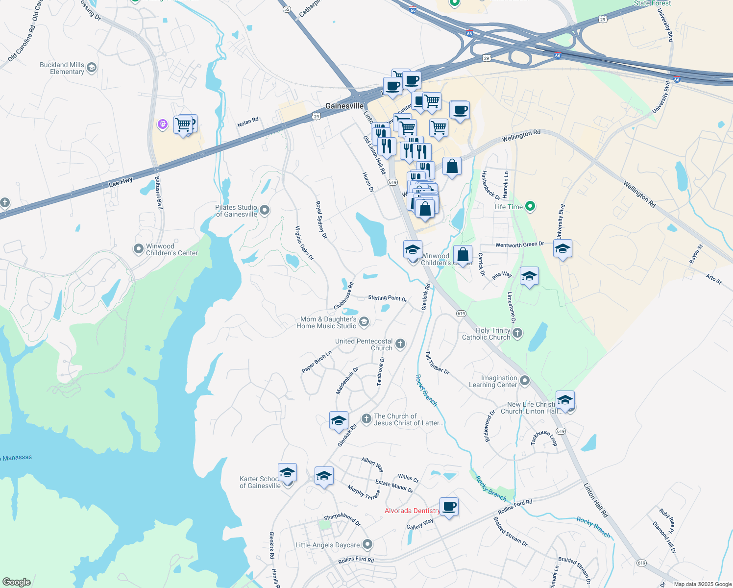 map of restaurants, bars, coffee shops, grocery stores, and more near 14056 Sterling Point Drive in Gainesville