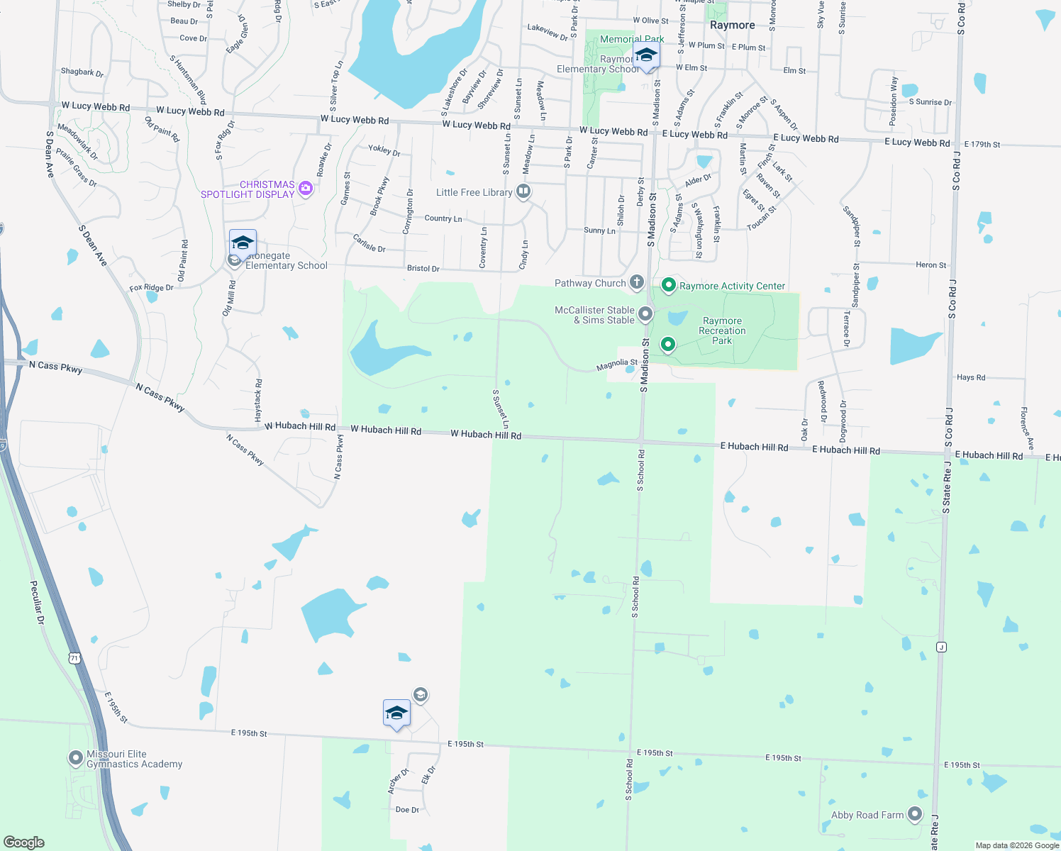map of restaurants, bars, coffee shops, grocery stores, and more near 1043 South Sunset Lane in Raymore