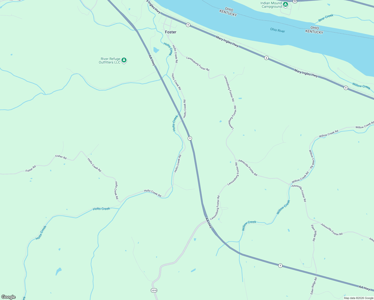 map of restaurants, bars, coffee shops, grocery stores, and more near Holts Creek Road in Foster