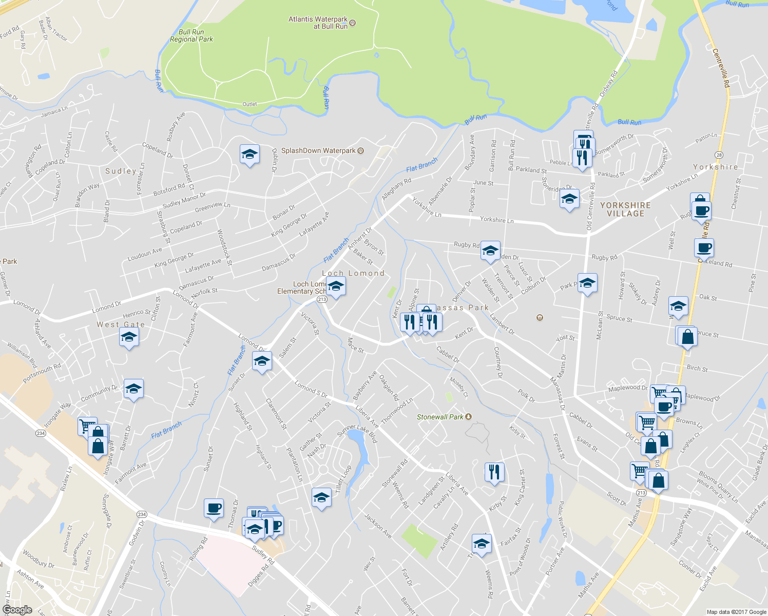 map of restaurants, bars, coffee shops, grocery stores, and more near 109 Jenkins Court in Manassas Park