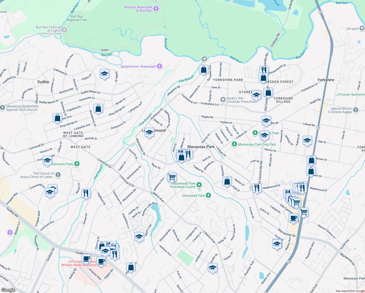 map of restaurants, bars, coffee shops, grocery stores, and more near 106 Alpine Street in Manassas Park