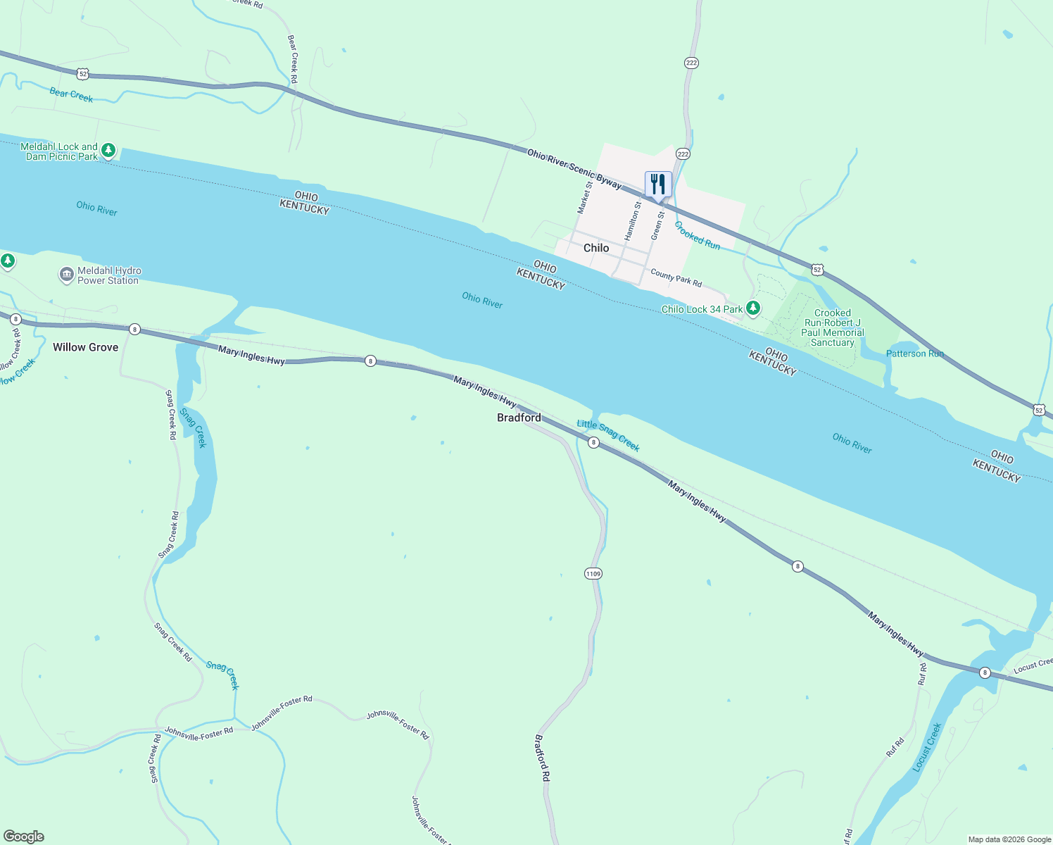 map of restaurants, bars, coffee shops, grocery stores, and more near 2146 Bradford Rd in Bracken