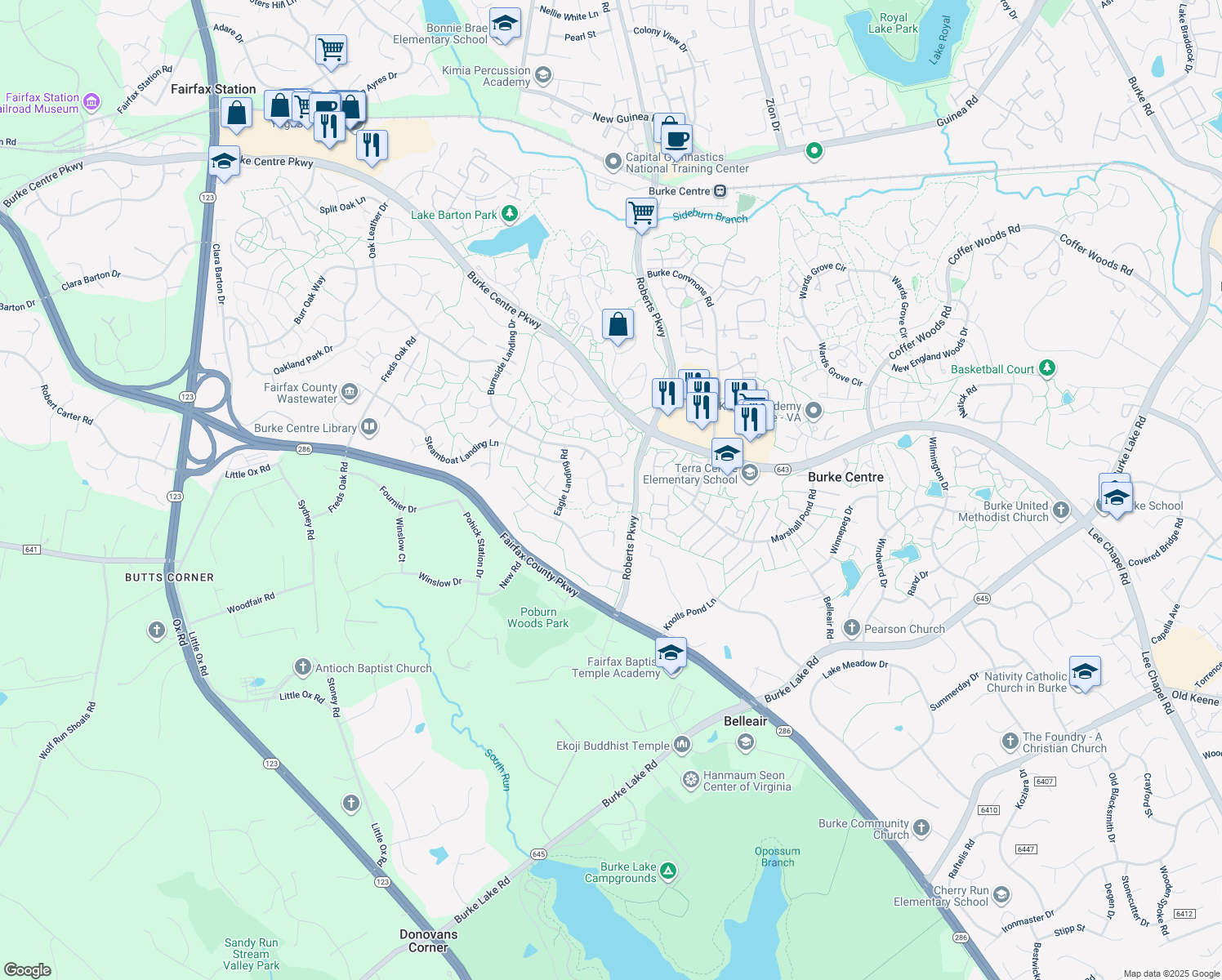 map of restaurants, bars, coffee shops, grocery stores, and more near 6079 Burnside Landing Drive in Burke