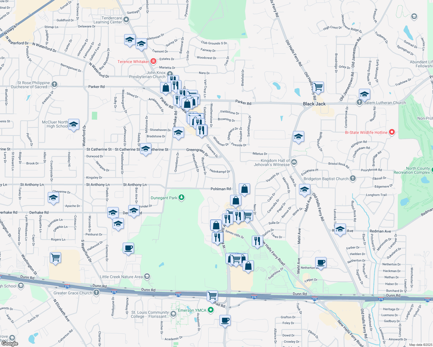 map of restaurants, bars, coffee shops, grocery stores, and more near 4040 Helmkampf Dr in Florissant