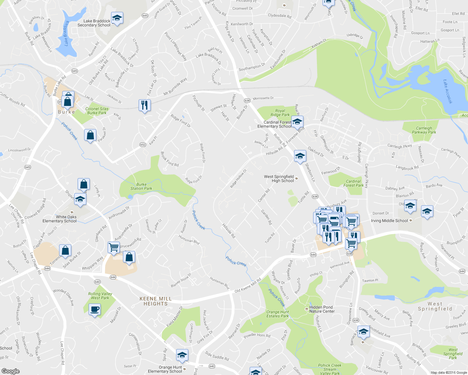 map of restaurants, bars, coffee shops, grocery stores, and more near 6143 Green Hollow Court in West Springfield