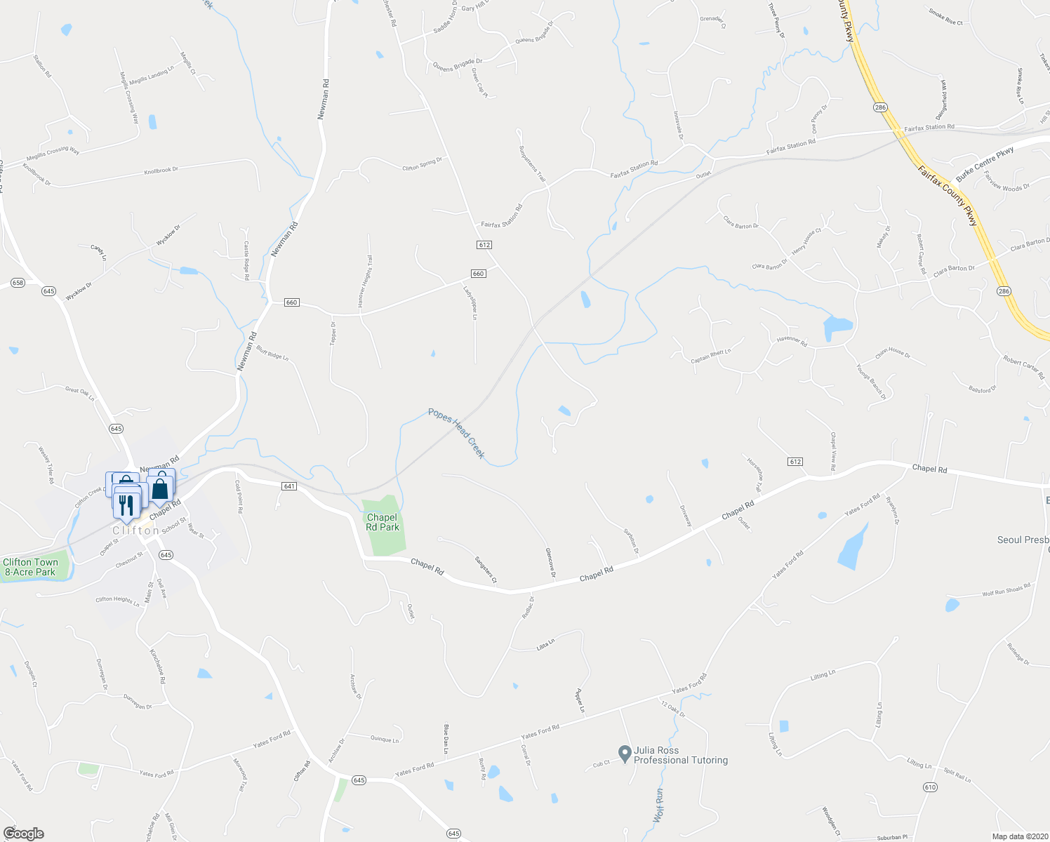 map of restaurants, bars, coffee shops, grocery stores, and more near 6608 Stonecrest Lane in Fairfax Station