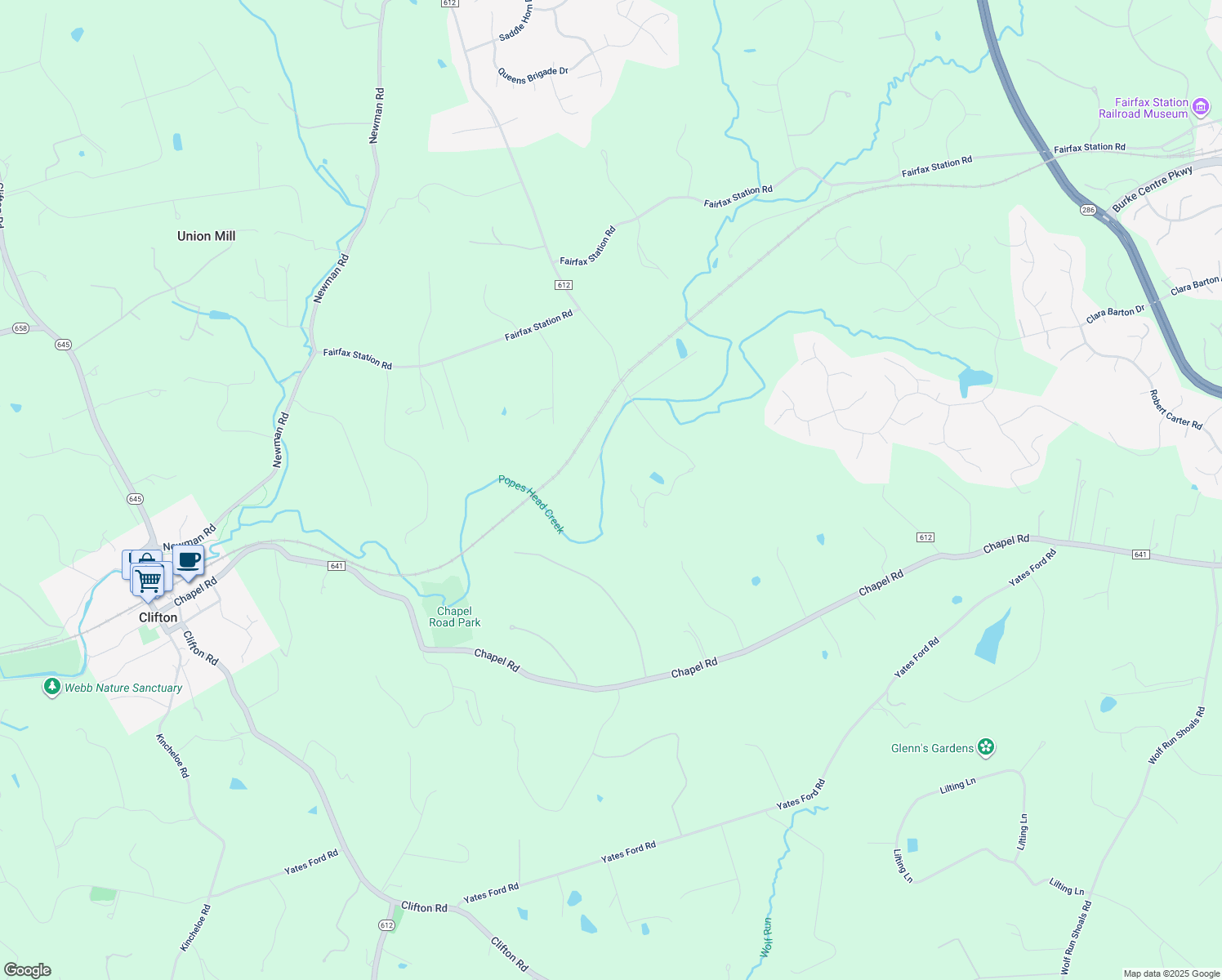 map of restaurants, bars, coffee shops, grocery stores, and more near 6608 Stonecrest Lane in Fairfax Station