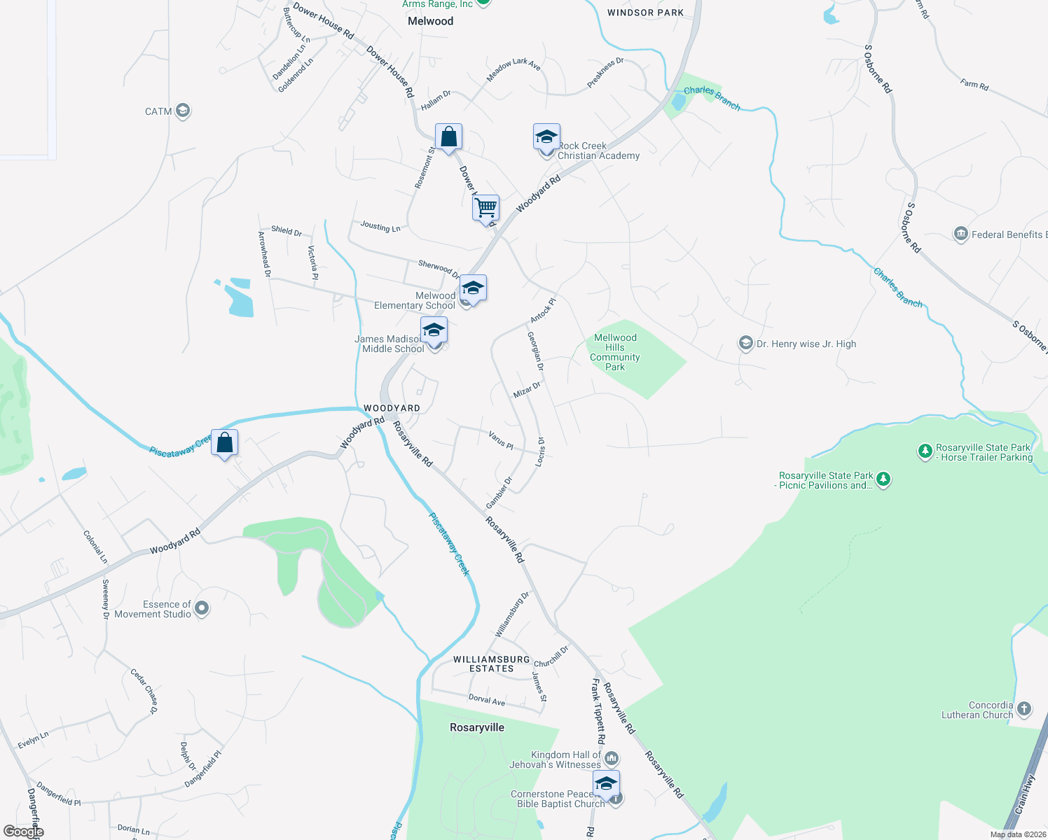 map of restaurants, bars, coffee shops, grocery stores, and more near 7608 Gambier Dr in Upper Marlboro