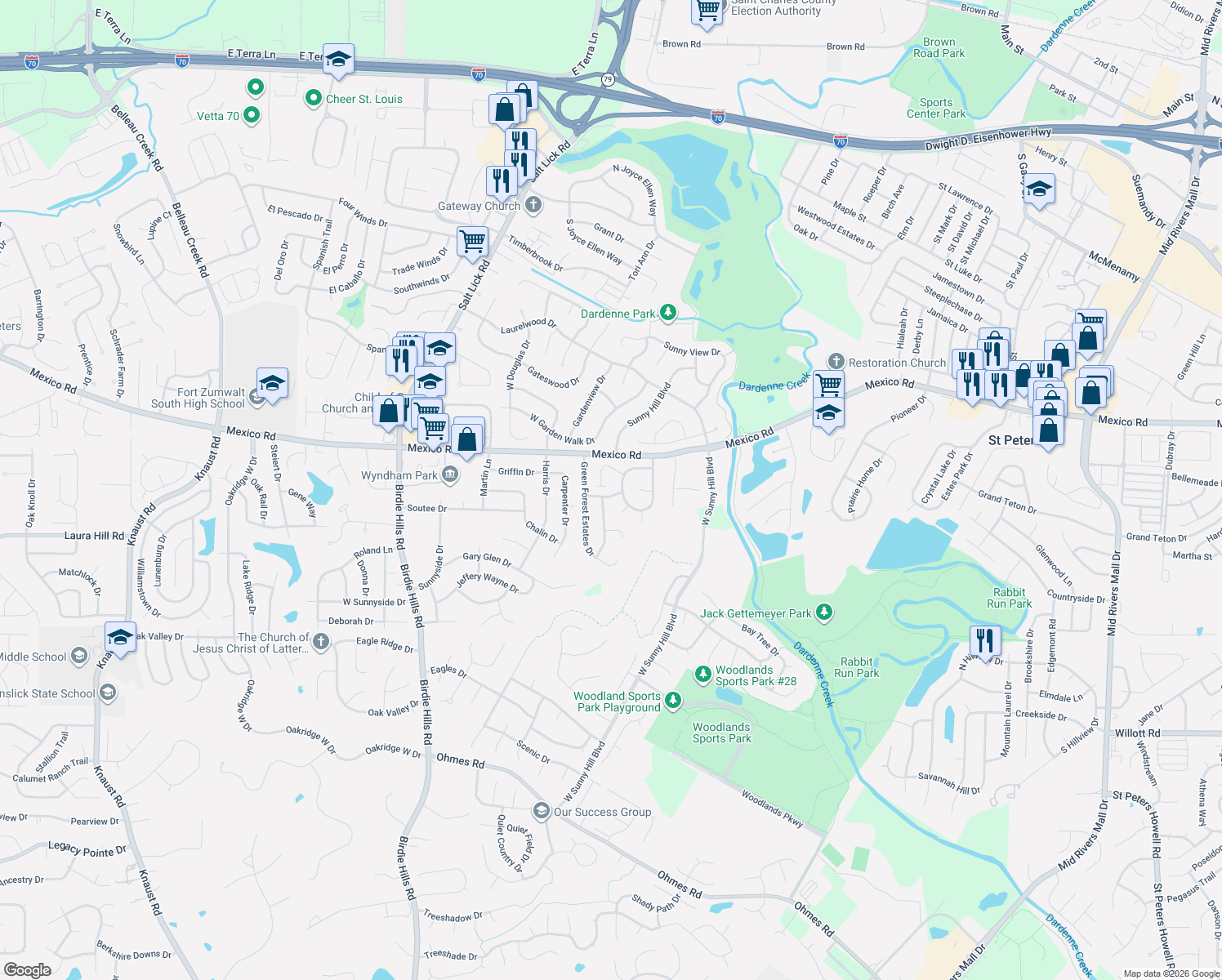 map of restaurants, bars, coffee shops, grocery stores, and more near 209 Forest Path Drive in Saint Peters