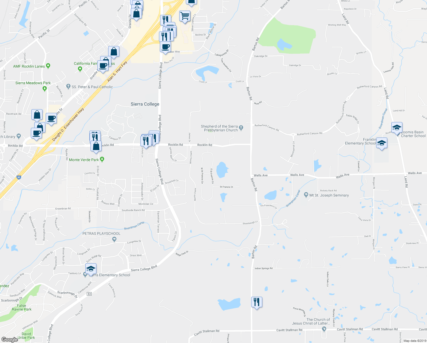 map of restaurants, bars, coffee shops, grocery stores, and more near 5565 East Saint Francis Circle in Loomis