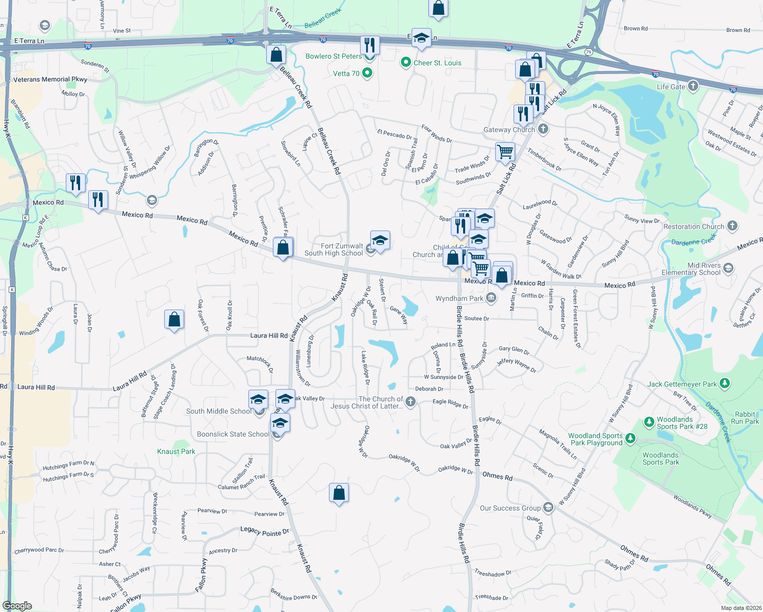 map of restaurants, bars, coffee shops, grocery stores, and more near 18 Steiert Drive in St. Peters