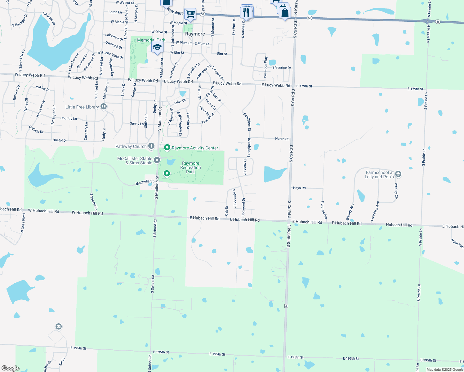map of restaurants, bars, coffee shops, grocery stores, and more near 506 Oak Drive in Raymore