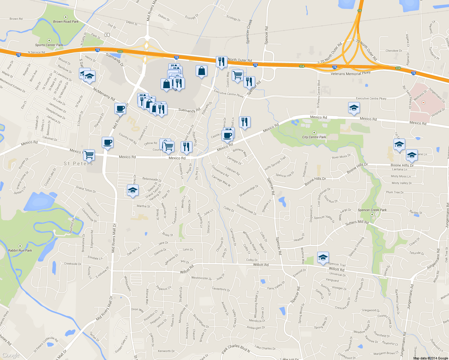 map of restaurants, bars, coffee shops, grocery stores, and more near 23 Carriage Way West in St. Peters
