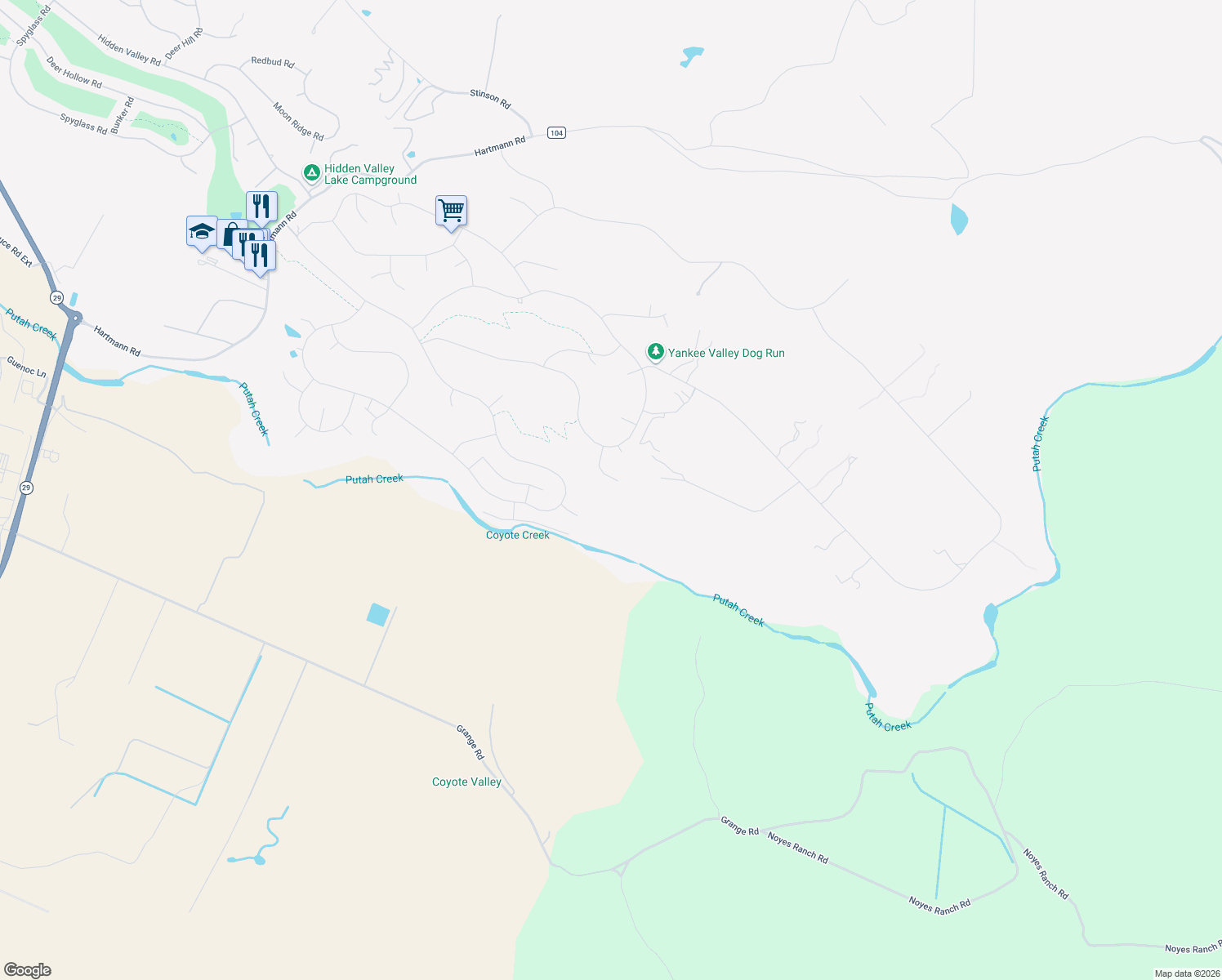 map of restaurants, bars, coffee shops, grocery stores, and more near 18945 Timber Point Road in Hidden Valley Lake