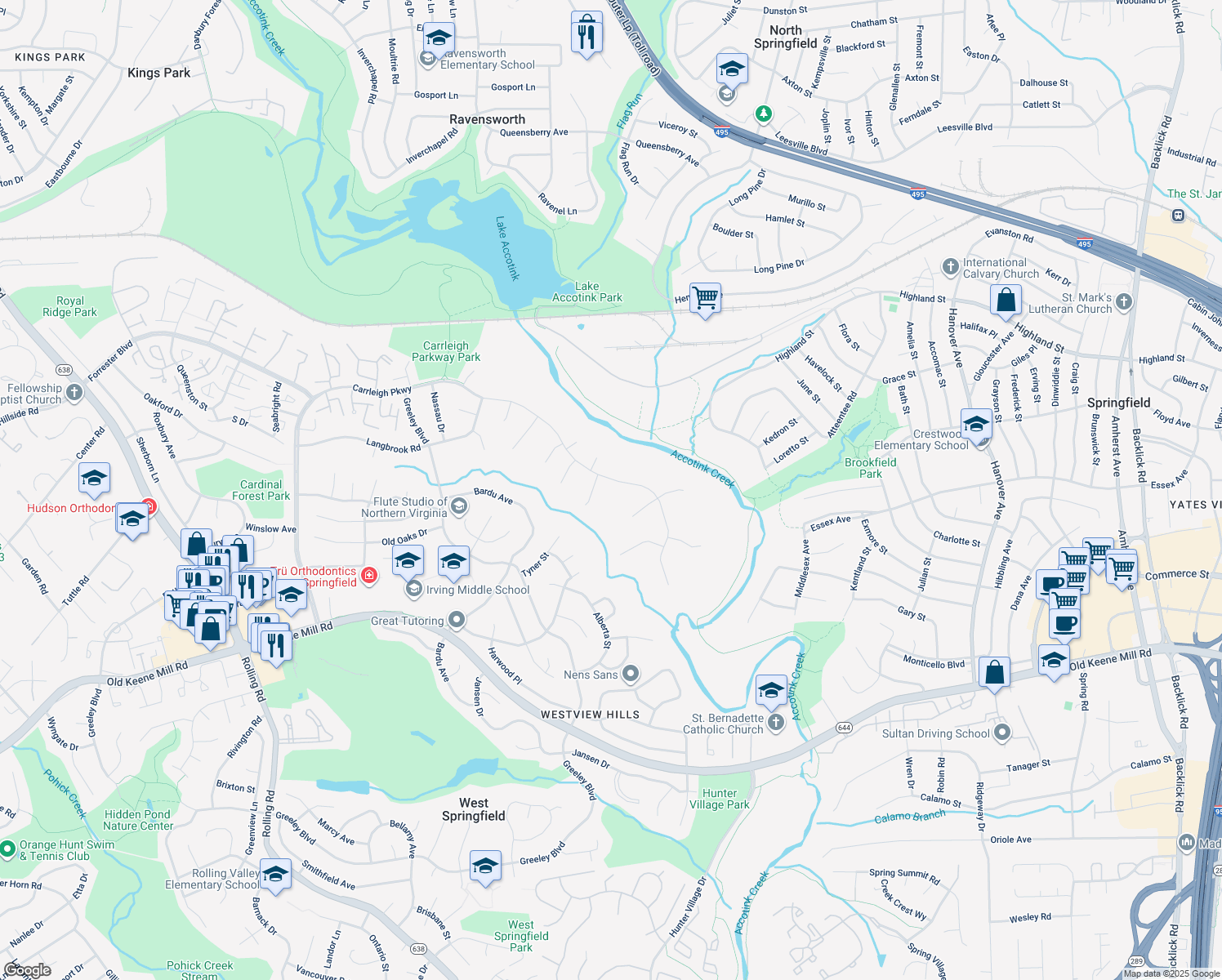 map of restaurants, bars, coffee shops, grocery stores, and more near 7757 Carrleigh Parkway in Springfield