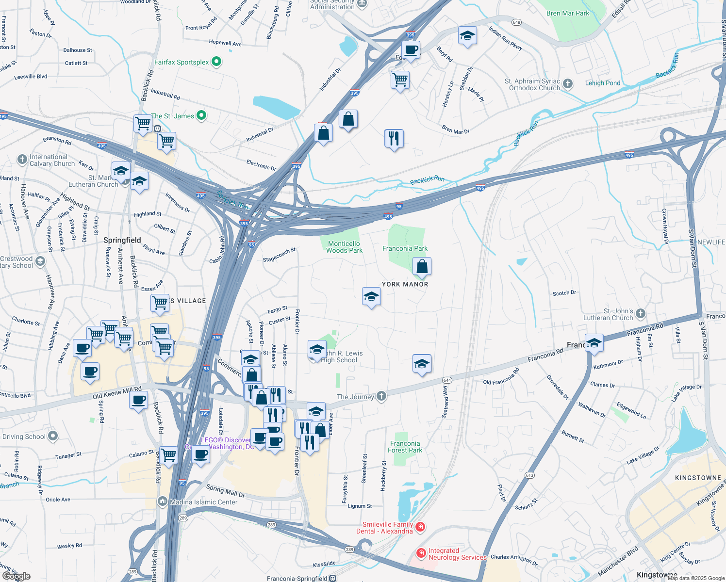 map of restaurants, bars, coffee shops, grocery stores, and more near 6014 Jennings Lane in Springfield