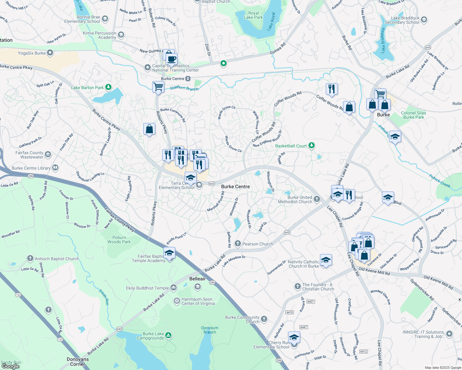 map of restaurants, bars, coffee shops, grocery stores, and more near 10019 Beacon Pond Ln in Burke