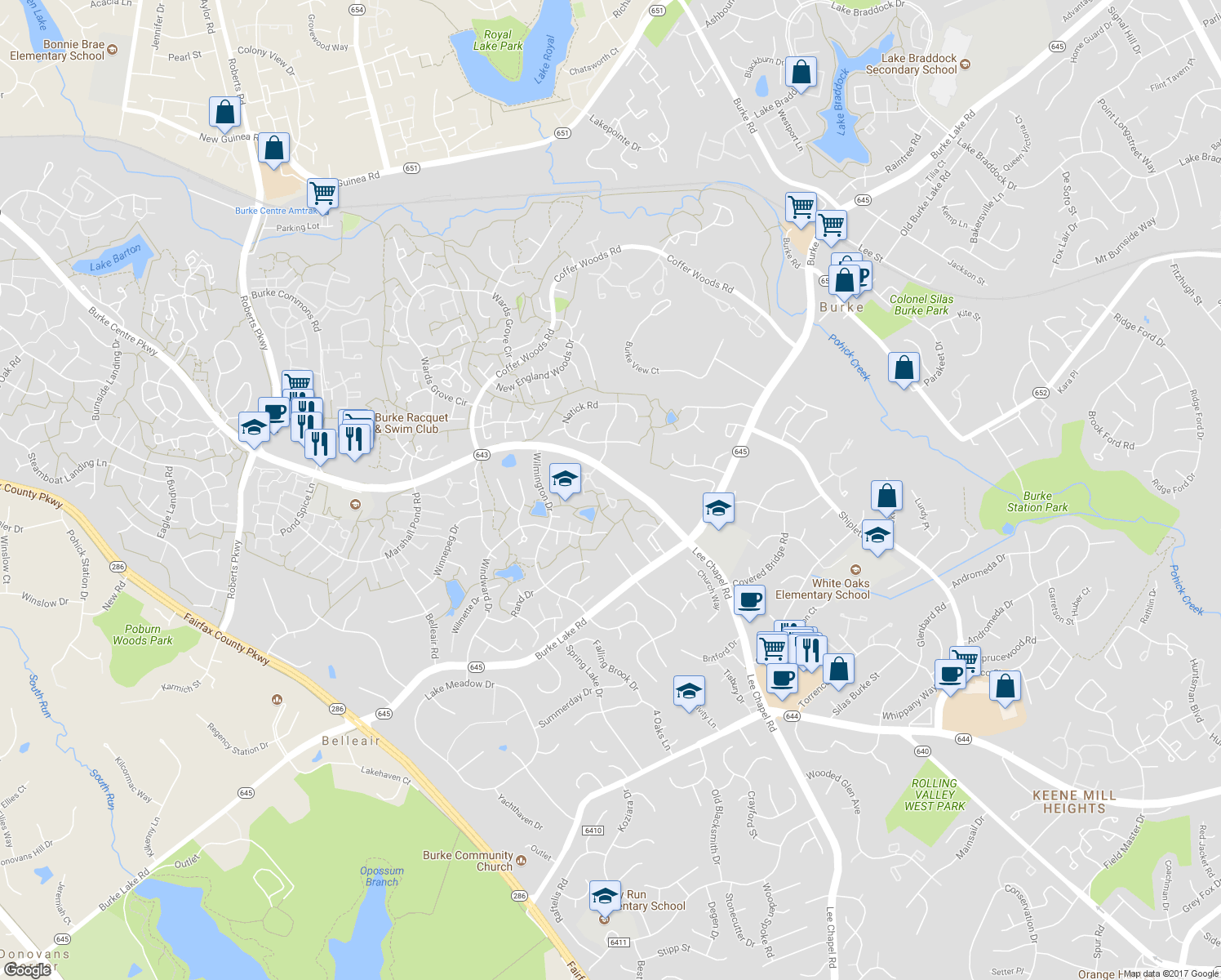 map of restaurants, bars, coffee shops, grocery stores, and more near 9830 Burke Pond Lane in Burke