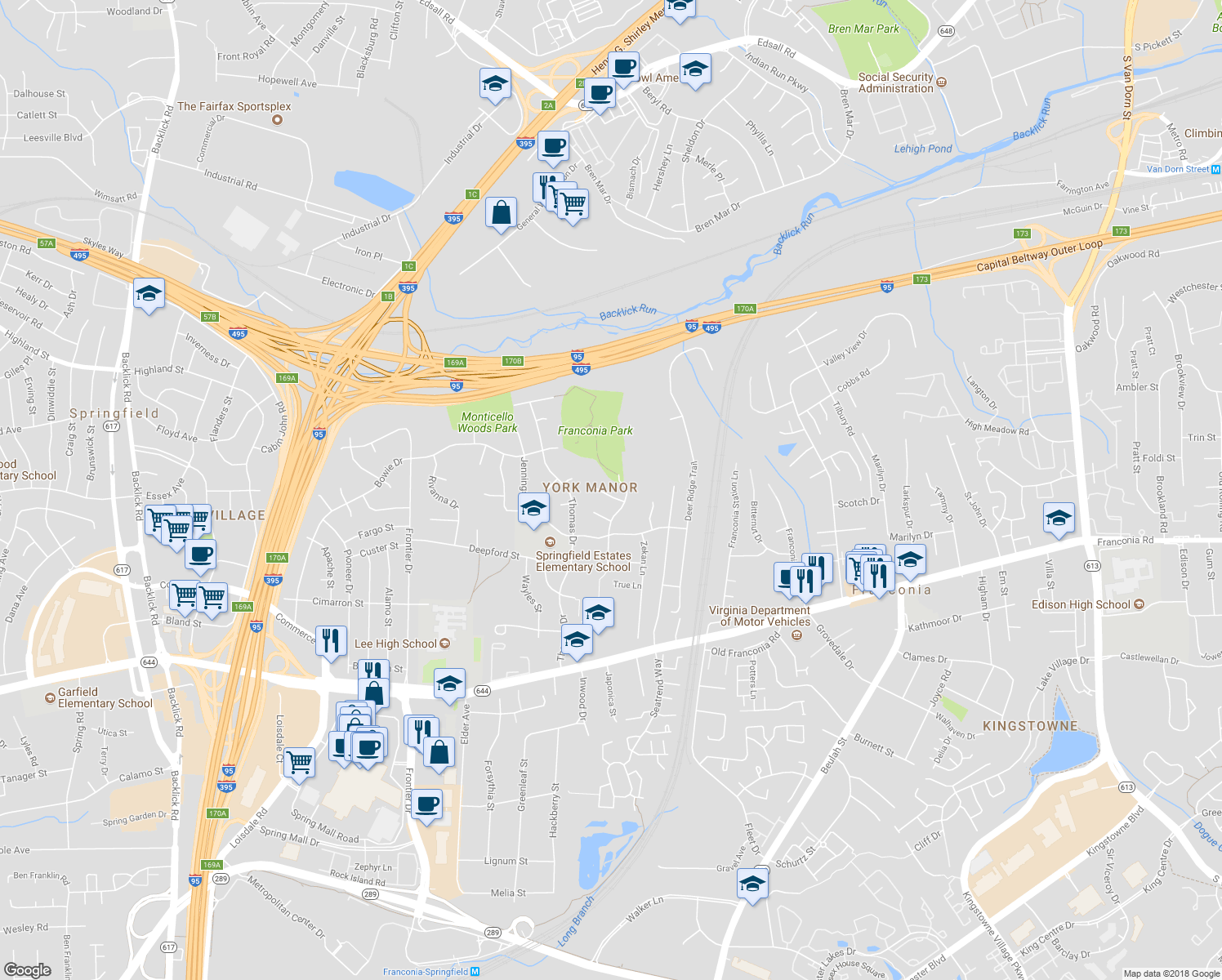 map of restaurants, bars, coffee shops, grocery stores, and more near 6404 Kroy Drive in Springfield