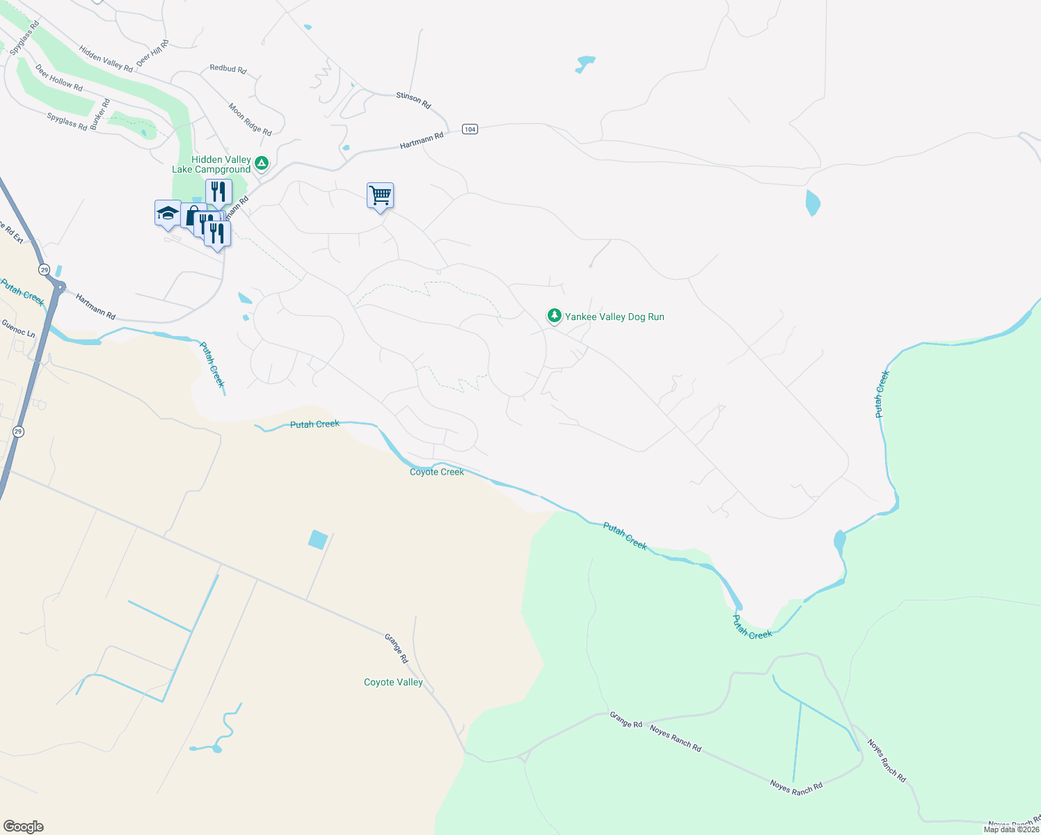 map of restaurants, bars, coffee shops, grocery stores, and more near 18830 Lynx Court in Hidden Valley Lake