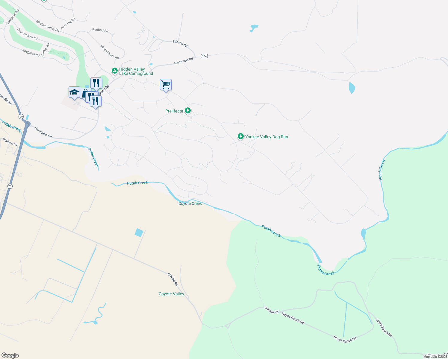map of restaurants, bars, coffee shops, grocery stores, and more near 18825 Timber Point Road in Hidden Valley Lake