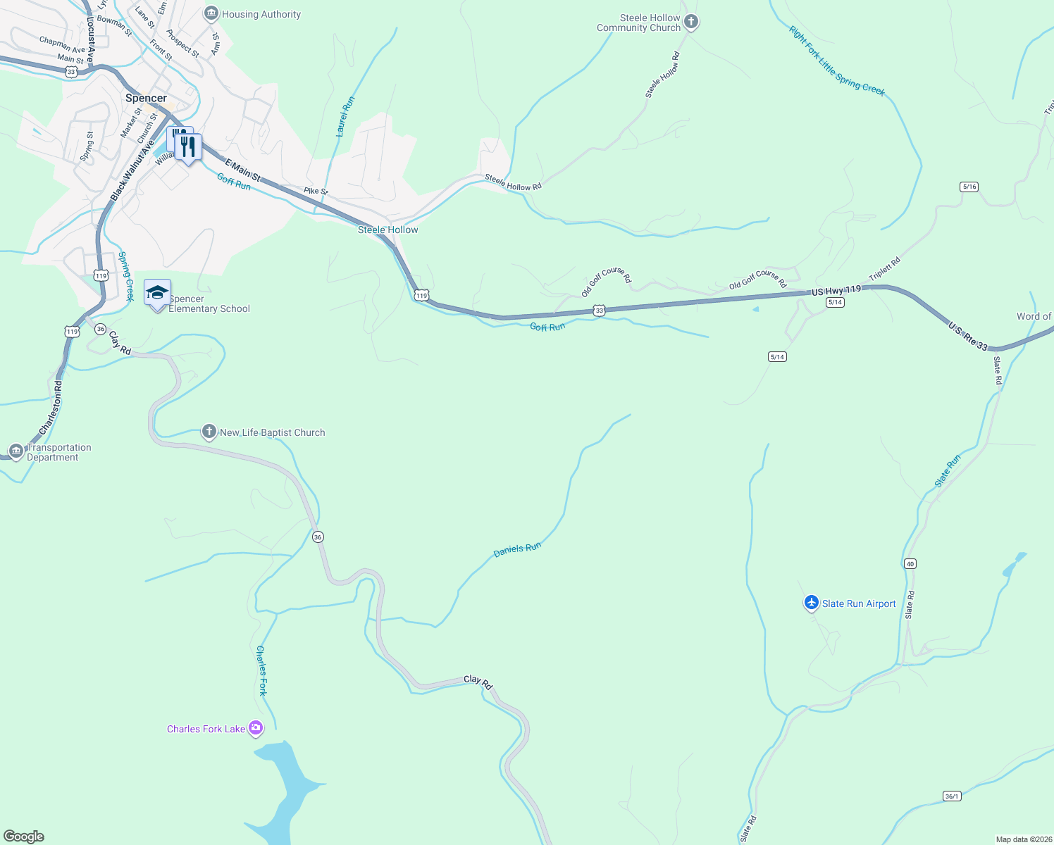 map of restaurants, bars, coffee shops, grocery stores, and more near U.S. 119 in Spencer