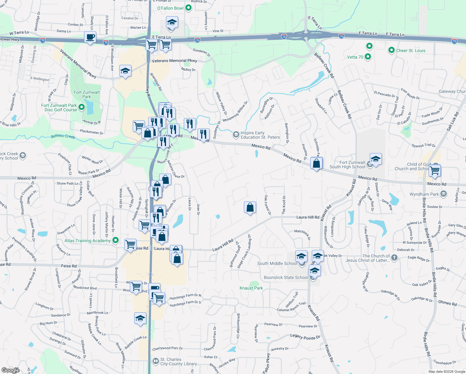 map of restaurants, bars, coffee shops, grocery stores, and more near 42 Fawn Valley Circle in St. Peters