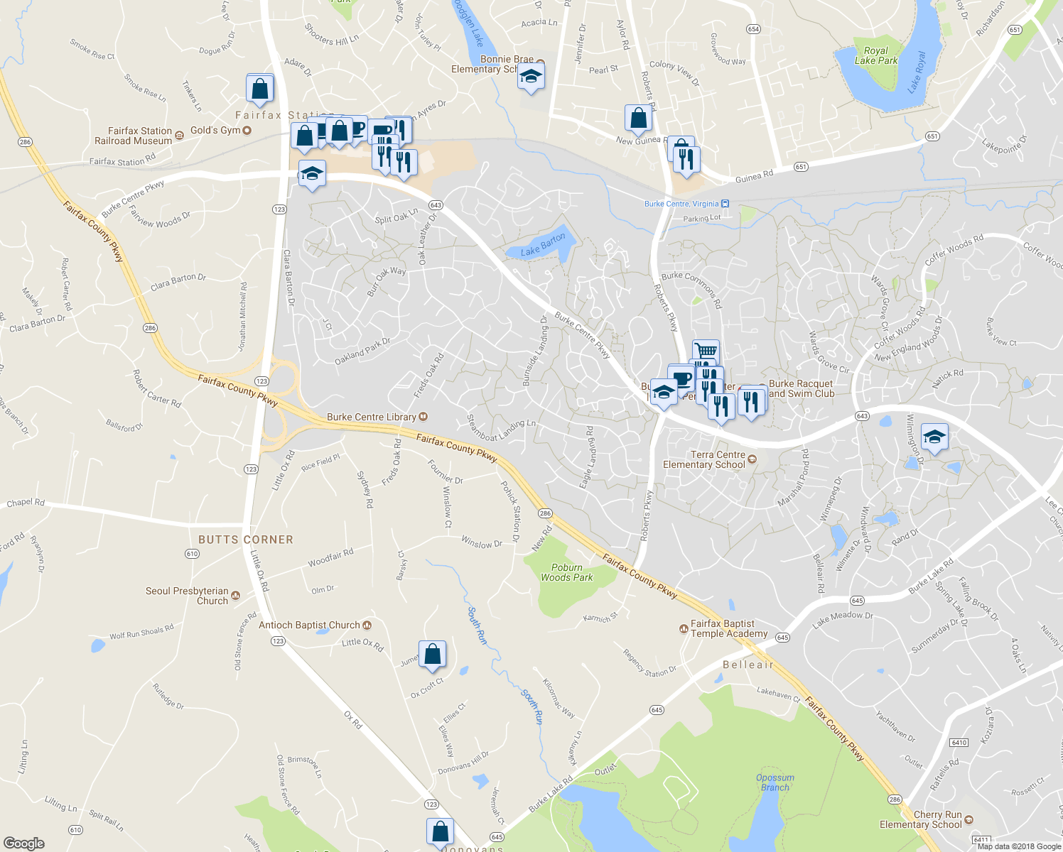 map of restaurants, bars, coffee shops, grocery stores, and more near 10301 Steamboat Landing Lane in Burke