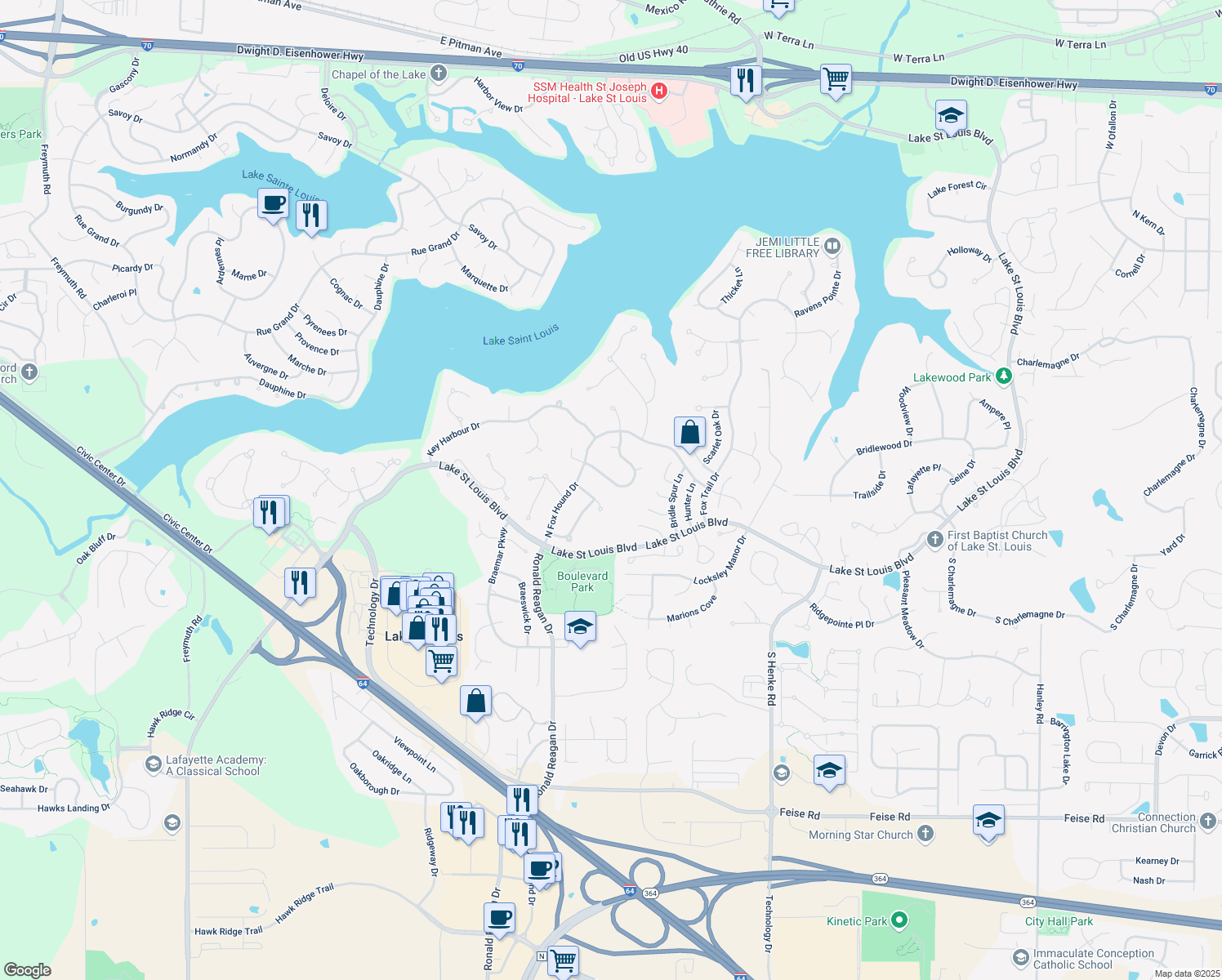 map of restaurants, bars, coffee shops, grocery stores, and more near 4510 Woodland Drive in Lake Saint Louis