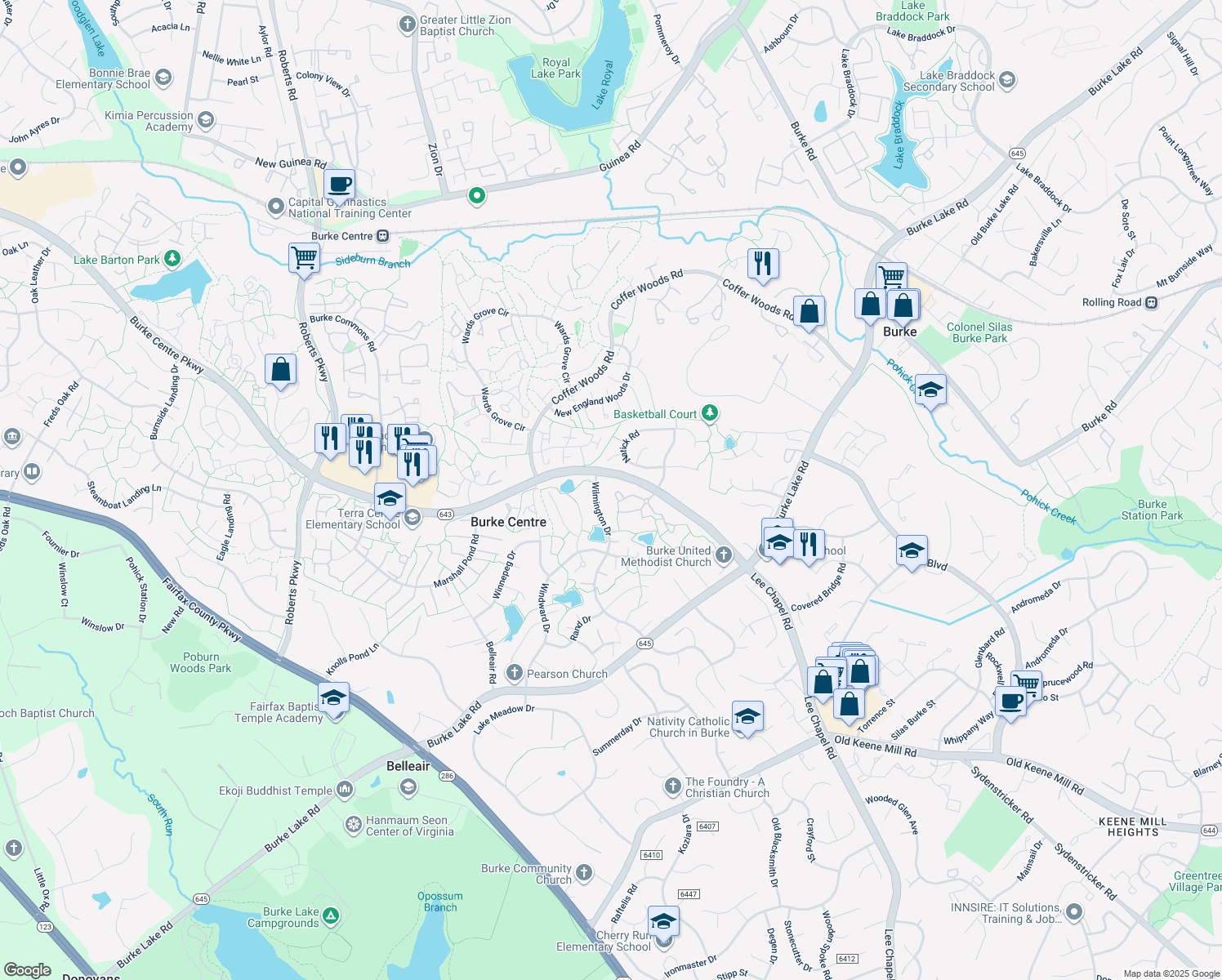 map of restaurants, bars, coffee shops, grocery stores, and more near 9894 Burke Pond Court in Burke