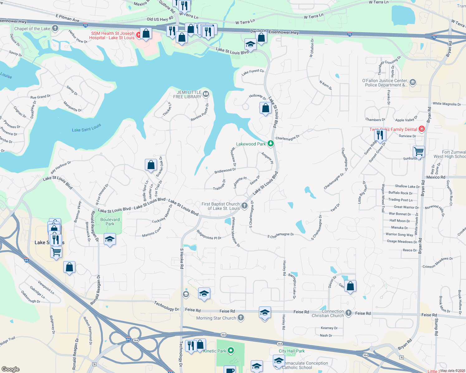 map of restaurants, bars, coffee shops, grocery stores, and more near 1034 Lafayette Place in Lake Saint Louis